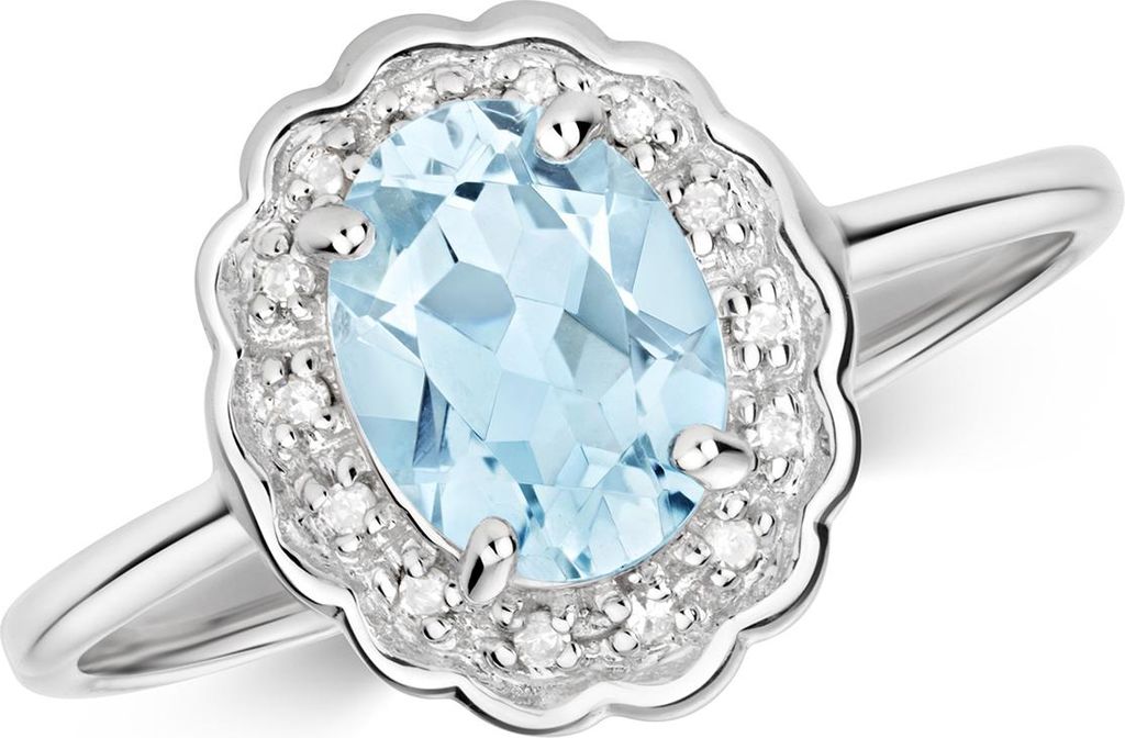 Atemberaubender 9 Karat (375) Weißgold Damen - Diamant Solitärring Brillant-Schliff 0.05 Karat H - PK mit Aquamarin, 55 (17.5); TRS35599RSO