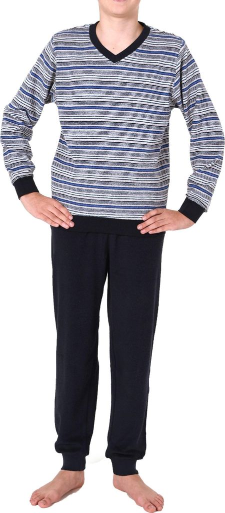 Warmer Jungen Frottee Pyjama lang, Schlafanzug mit Bündchen und Ringeln - 65689 ; dunkelgrau , 146