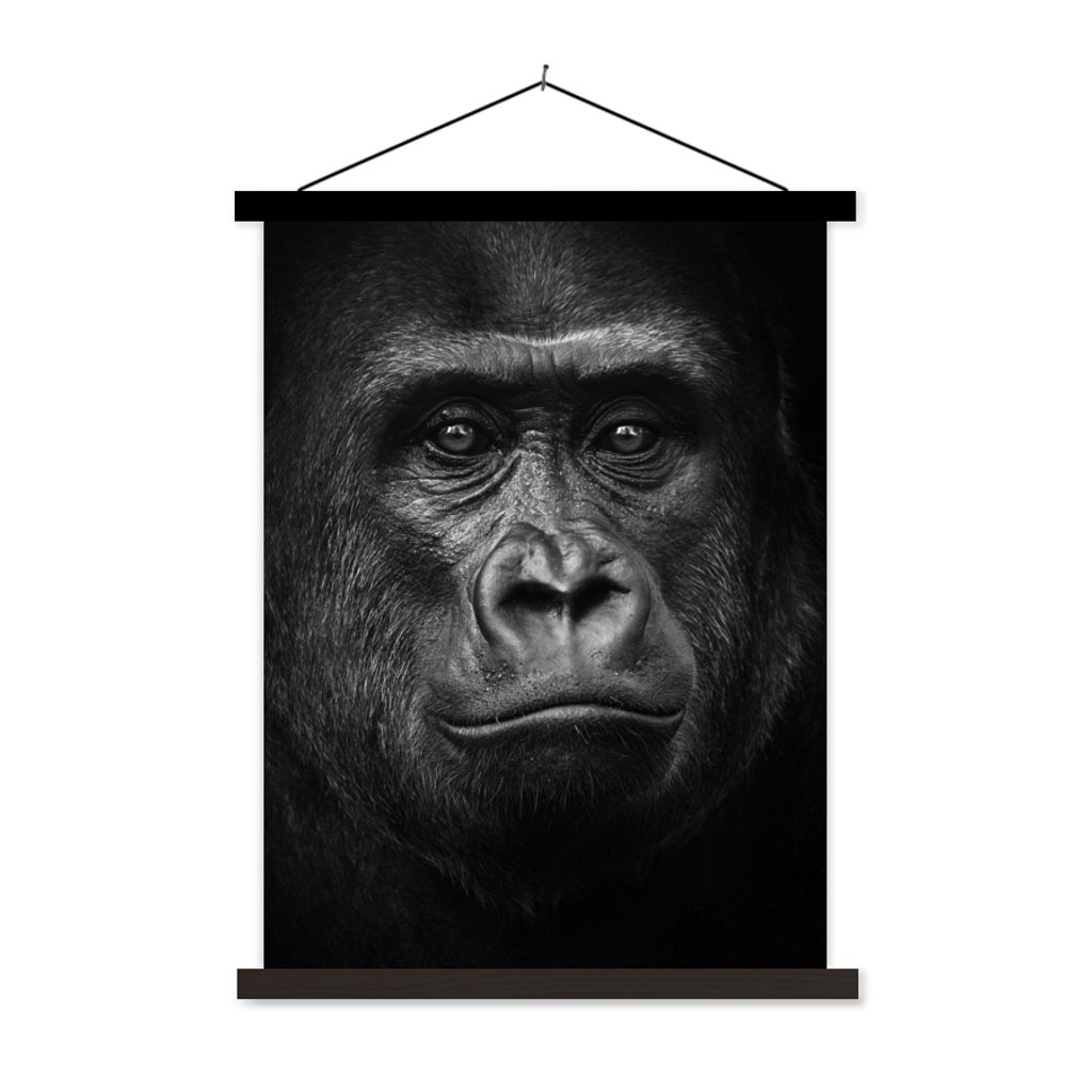 MuchoWow Textilposter Gorilla - Schwarz - Weiß - Tiere - Porträt 60x80 cm mit schwarzem Rahmen - Plakathalter