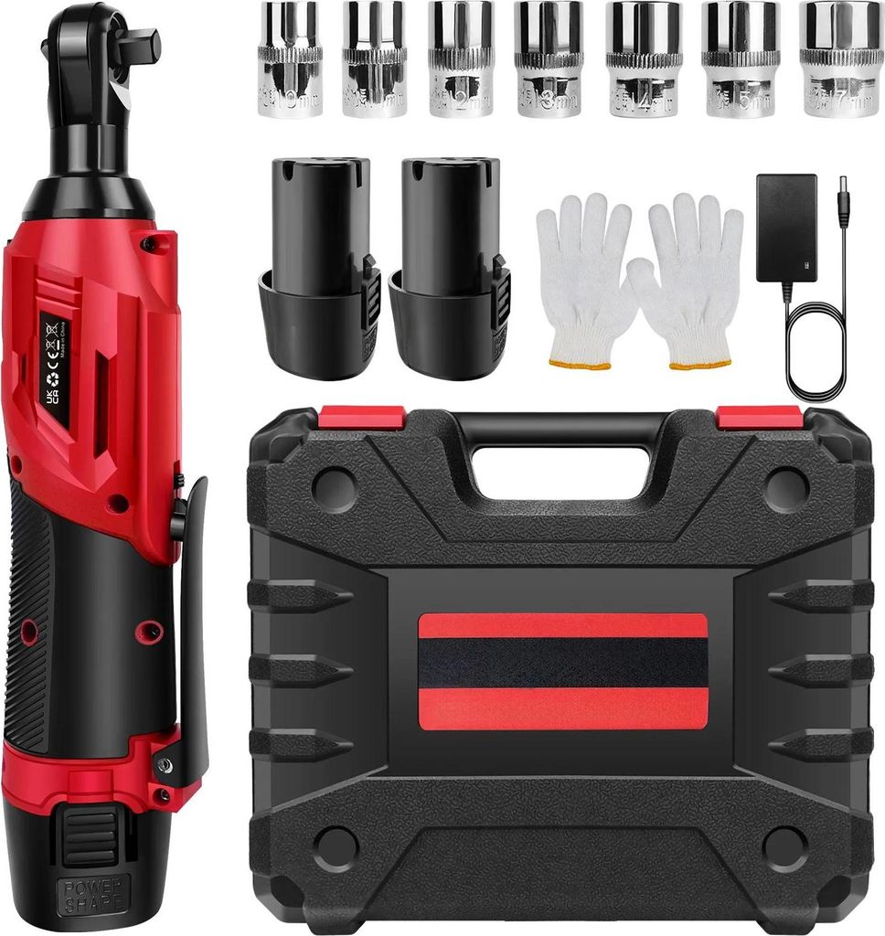 Akku-Ratschenschlüssel Set - Winkelratsche 0,95 cm - 200 Nm - 2×1300 mAh Li-Ion - 7 Stecknüsse - 90° Kopf - Braun