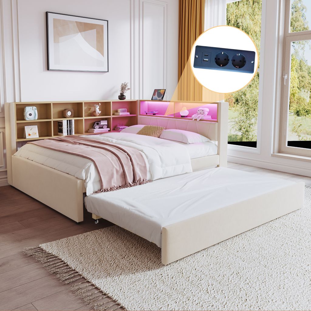 Flieks Tagesbett Schlafsofa 140x200cm mit Ausziehbett, Polstebett Sofabett mit Ladefunktion & LED, Doppelbett Holzbett Daybed, Samt, Beige