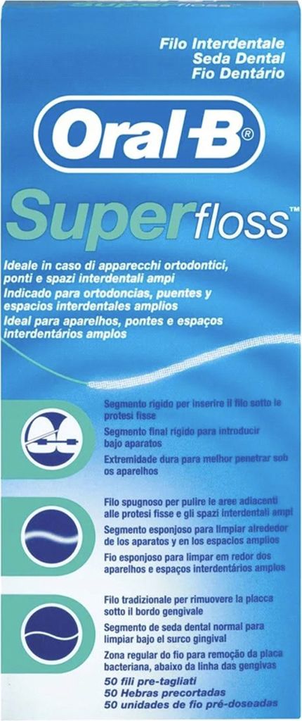 The image shows the packaging of Oral-B Superfloss dental floss.