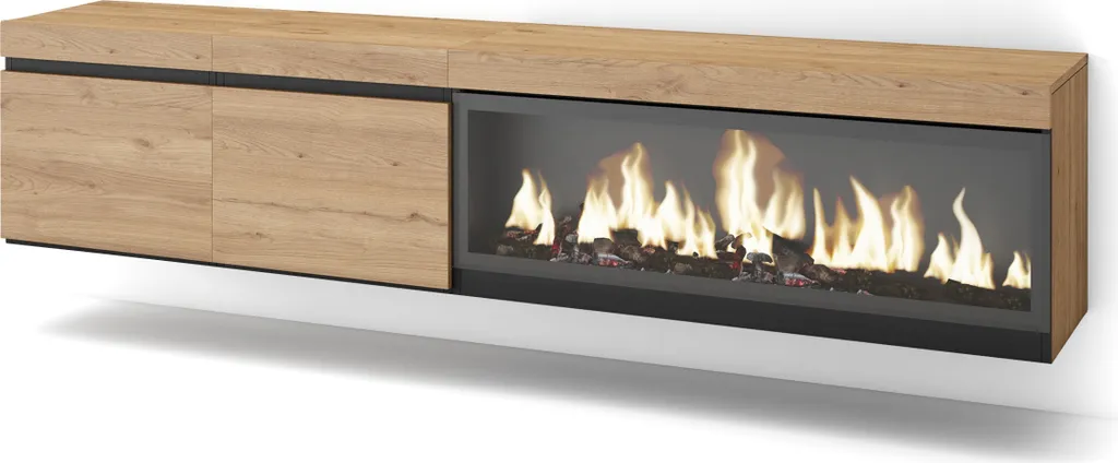 Meuble TV Suspendu 208cm avec Cheminée Électrique XXL Chêne COZY