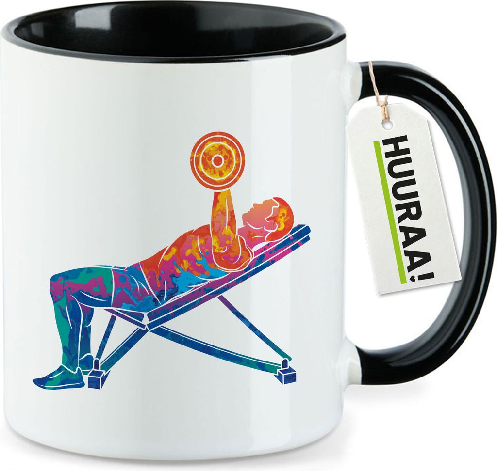 Huuraa Kaffeetasse Fitness Training Bench Press bunte Silhouette Geschenk 330ml Schwarz Fitness Training Präsent
