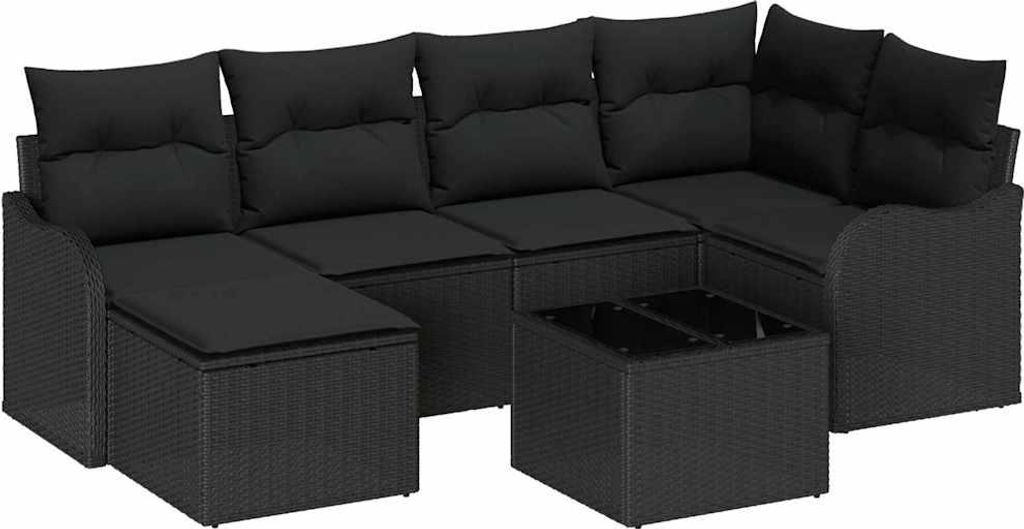Garten-Sofa-Set mit Kissen 7 pcs Schwarz Poly Rattan