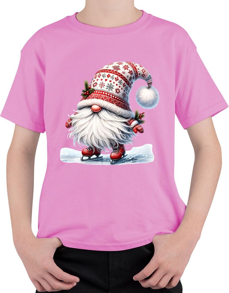 Schlittschuhlaufen Weihnachtswichtel mit rotem Hut und weißen Bergen Uni Kinder T-Shirt, Pink, 104