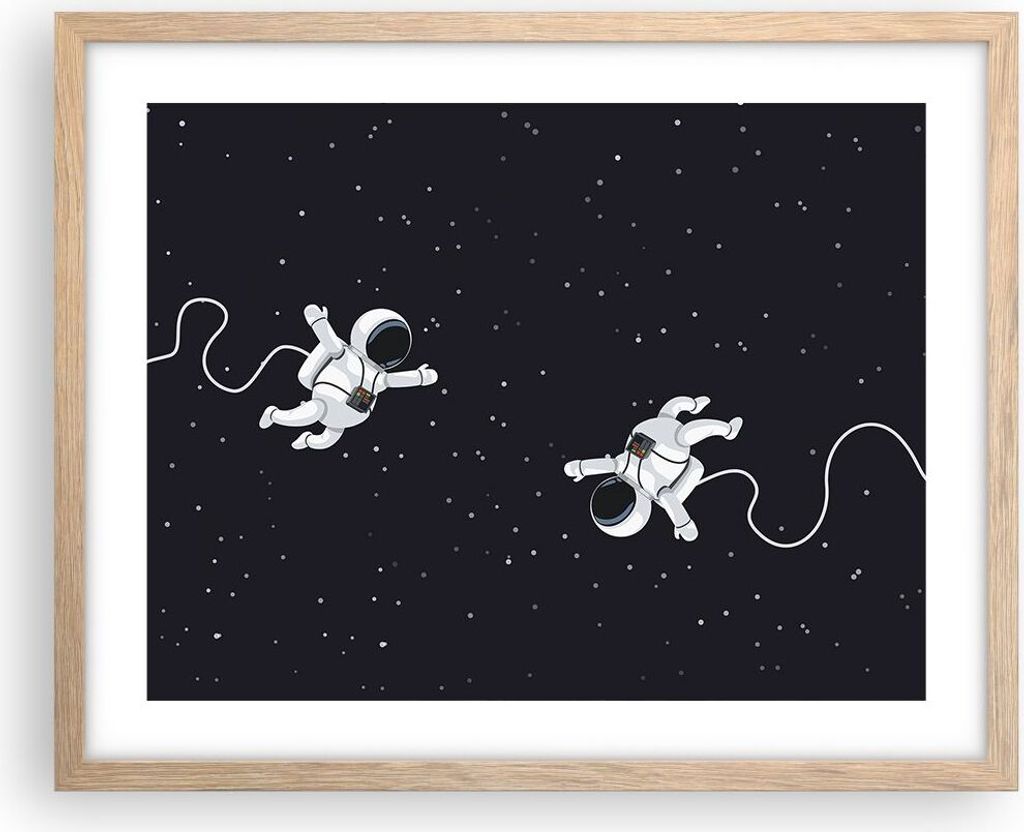 Gerahmtes Poster - Rahmen in heller Eiche - Cartoon Astronauten Kosmos - 50x40 cm - Wand Bild - Wanddeko - Wandbilder - Kunstposter - Wandposter - ...