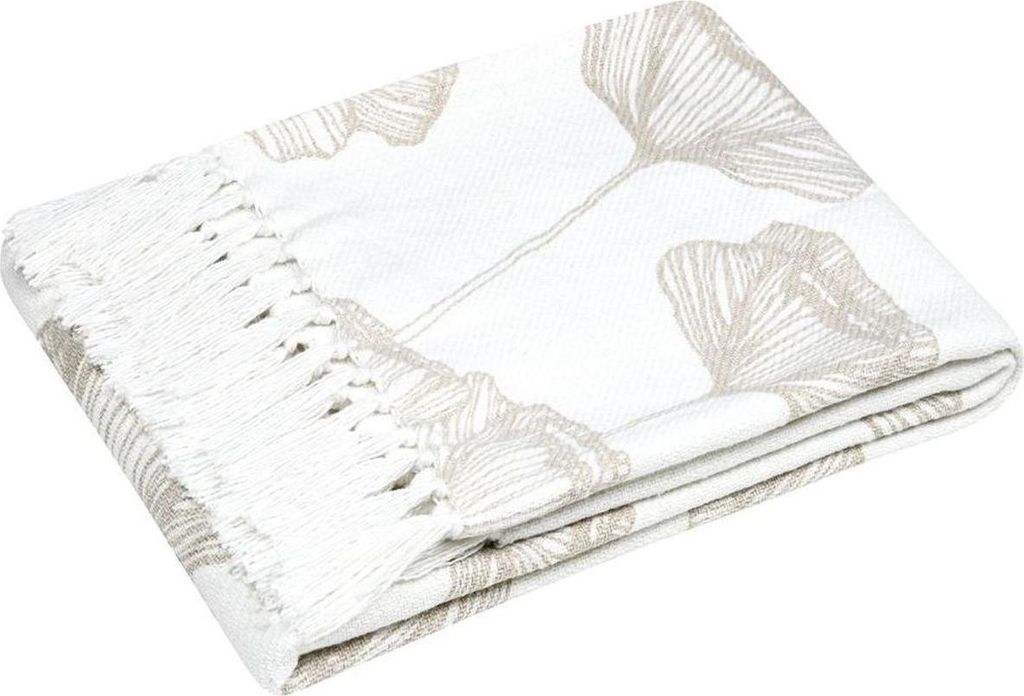 STOF | Decke - 125 x 150 cm - weiß - mit Blumenmuster - Boho - mit Fransen - graue Blumen - Ginko biloba