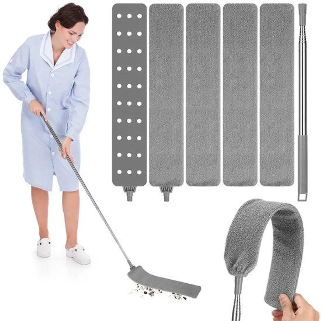 Aspirateur plat rétractable avec manche inox et 4 chiffons lavables