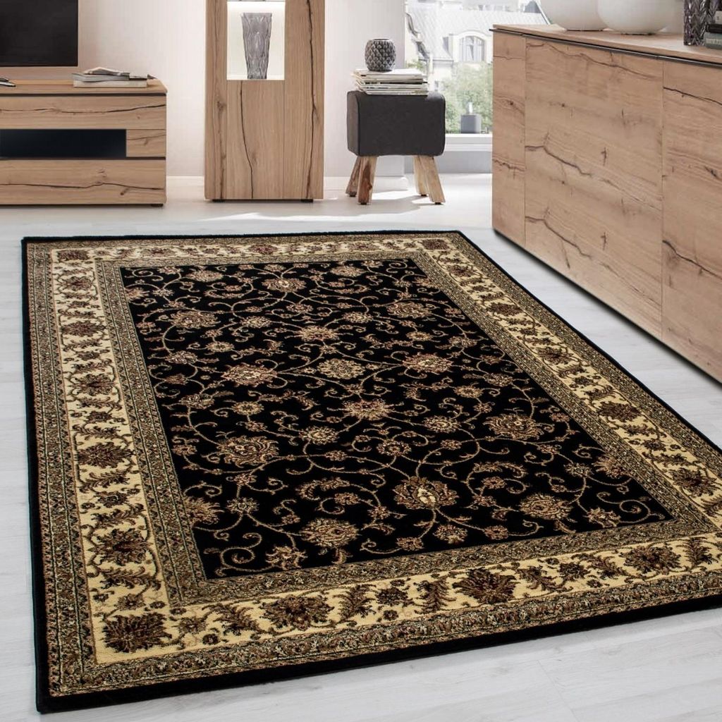 Klassischer schwarz-beiger Teppich mit orientalischem Blumenmuster – elegantes Design für Wohn- und Esszimmer, 12 mm 120 x 170 cm