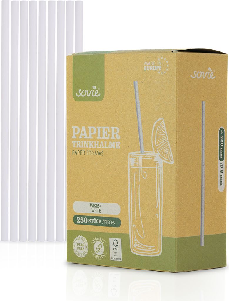 Trinkhalm in Weiß aus Papier , Ø 6 mm / 20 cm, 250 Stück in Pappkarton