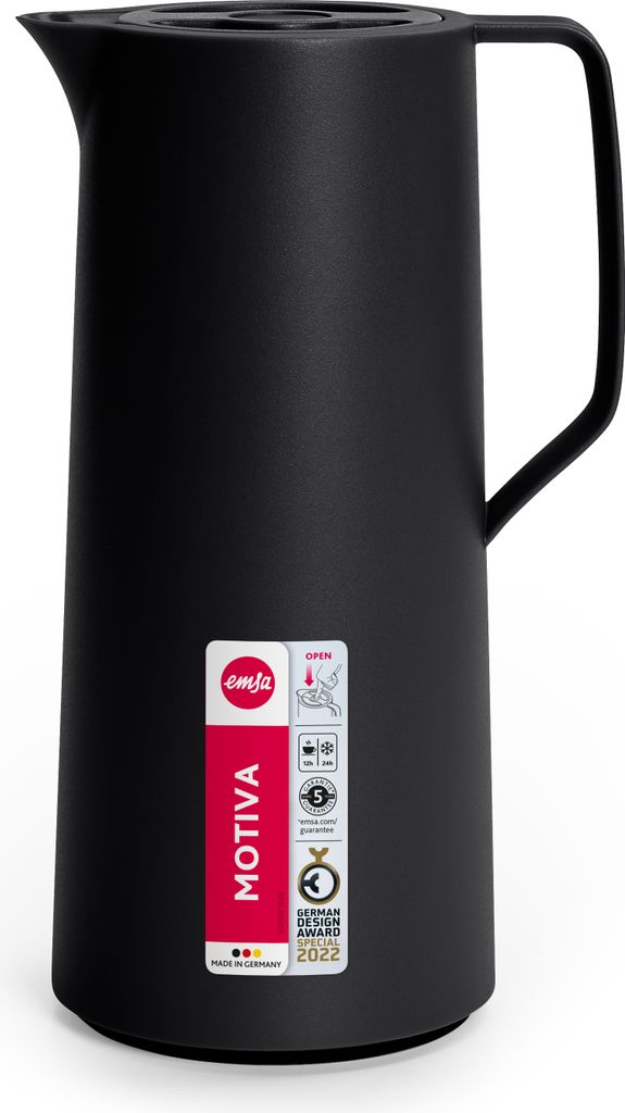 EMSA Motiva Isolierkanne, Isokanne, Kanne, Kaffeekanne, Edelstahl, Glas-Isolierkolben, Schwarz, 1 L, N41707