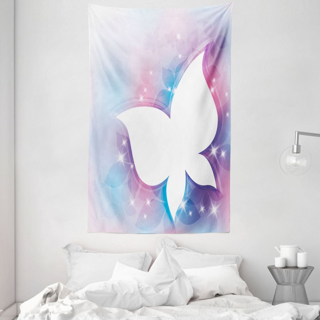 ABAKUHAUS Schmetterling Wandteppich und Tagesdecke, Weiße Blumen aus Weiches Mikrofaser Stoff Waschbar ohne Verblassen Digitaldruck, 140 x 230 cm,...