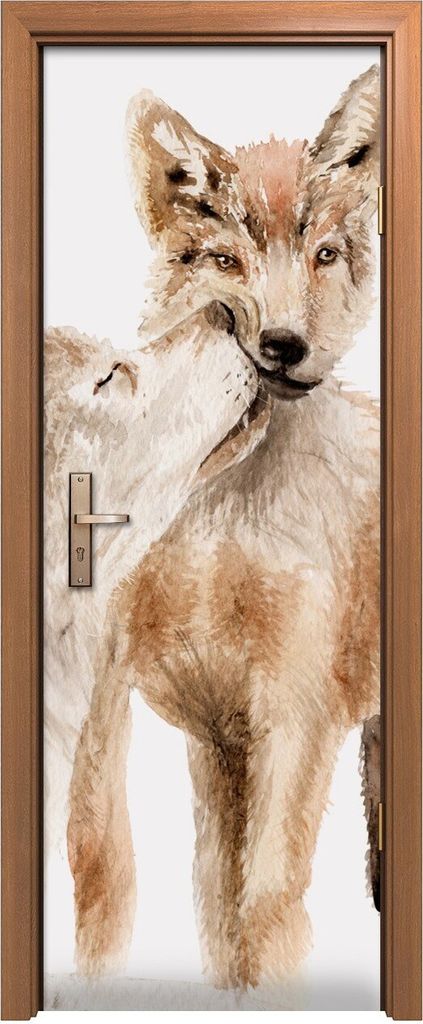 Türposter 70x200 cm Türaufkleber Türtapete Türfolie Klebefolie Tiere roter Wolf mit Kinder Skizze