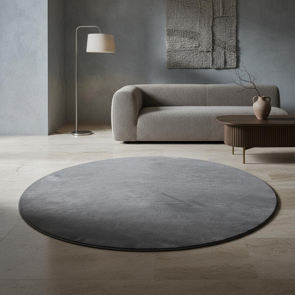 Kurzflorteppich Einfarbig Pflegeleicht Waschbar | Rund Grau 200x200 cm Wohnzimmer Fußbodenheizung geeignet | LECH – Kadima Design