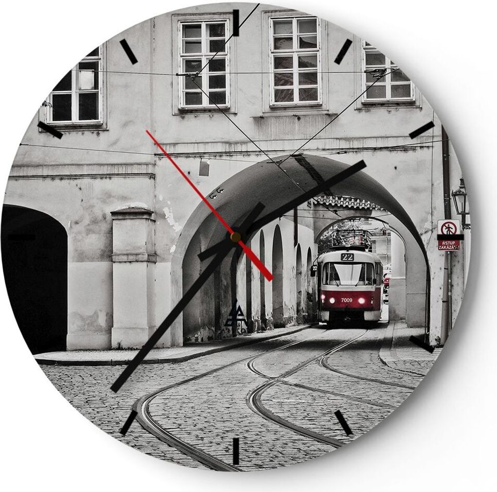 Wanduhr - Rund - Glasuhr - Tschechisch Straßenbahn Prag - 40x40cm - Schleichendes Uhrwerk - Lautlos - zum Aufhängen bereit - Dekoration Modern - ...