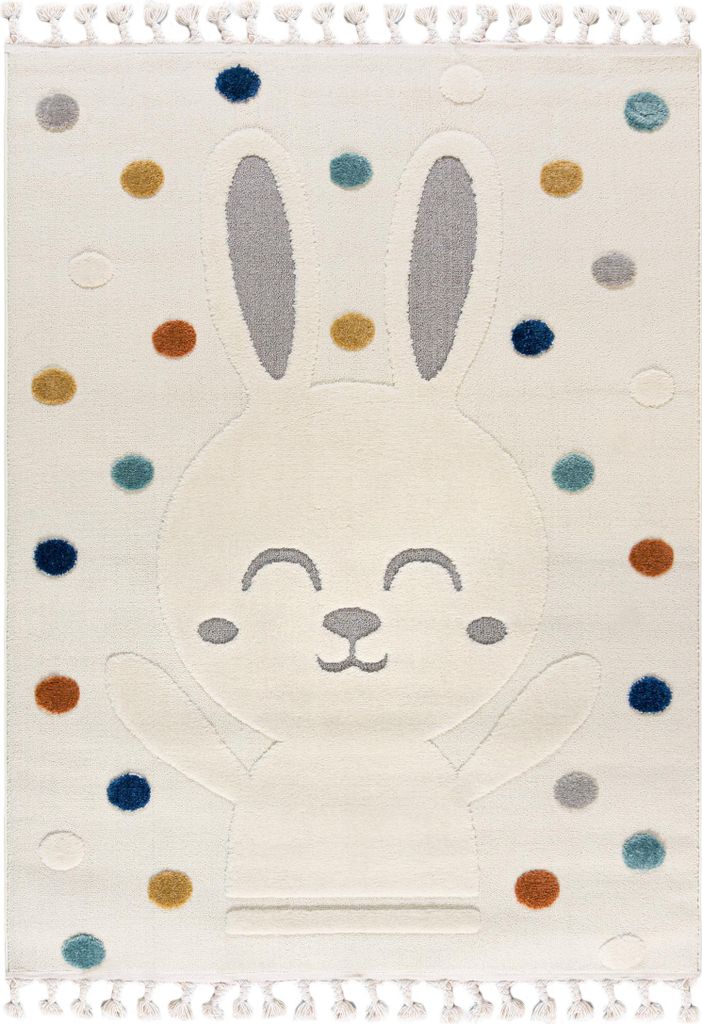 Mazovia Kinderteppich Spielteppich - Hase und bunten Punkten Creme, Bunt Weicher Teppich für Kinderzimmer - Allergikerfreundlich, Fußbodenheizung...