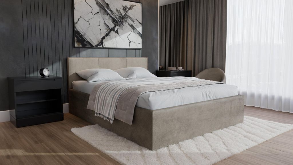 Polsterbett DONA mit Kopfteil, 180x200 cm, Doppelbett mit Bettkasten und Lattenrost aus Holz, Velourstoff, Farbe: Beige
