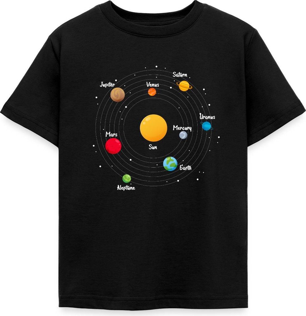 Spreadshirt Sonnensystem Planeten Universum Kinder T-Shirt, 122/128 (7-8 Jahre), Schwarz