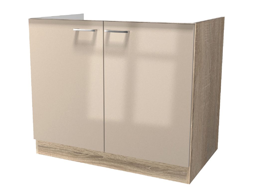 A kitchen cabinet base unit with two doors.