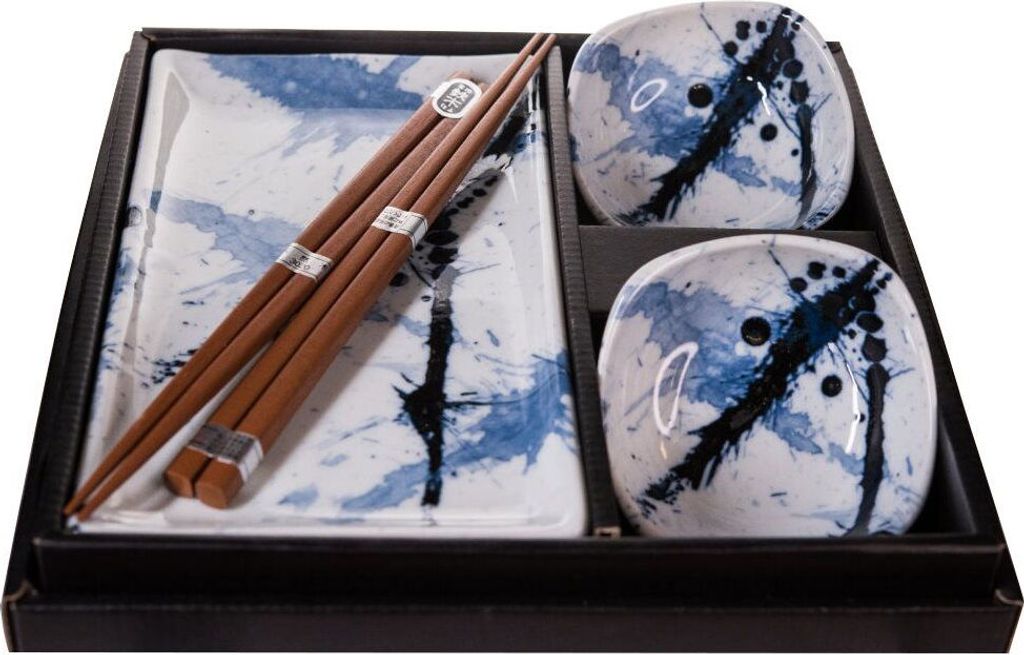 Sushi Set Blau & Weiß Ess Service mit Essstäbchen 6 St.
