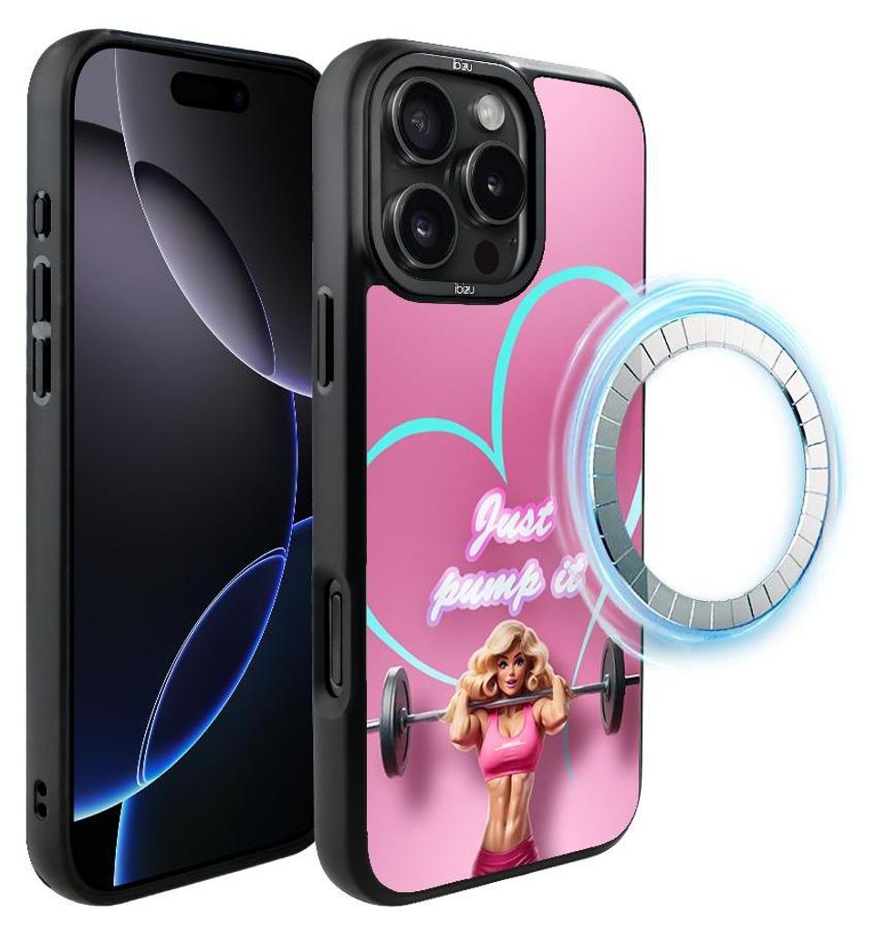 Schutzhülle für das iPhone 16 Pro, MagSafe-kompatibel, mattschwarze Seiten, Barbie mit Hantel