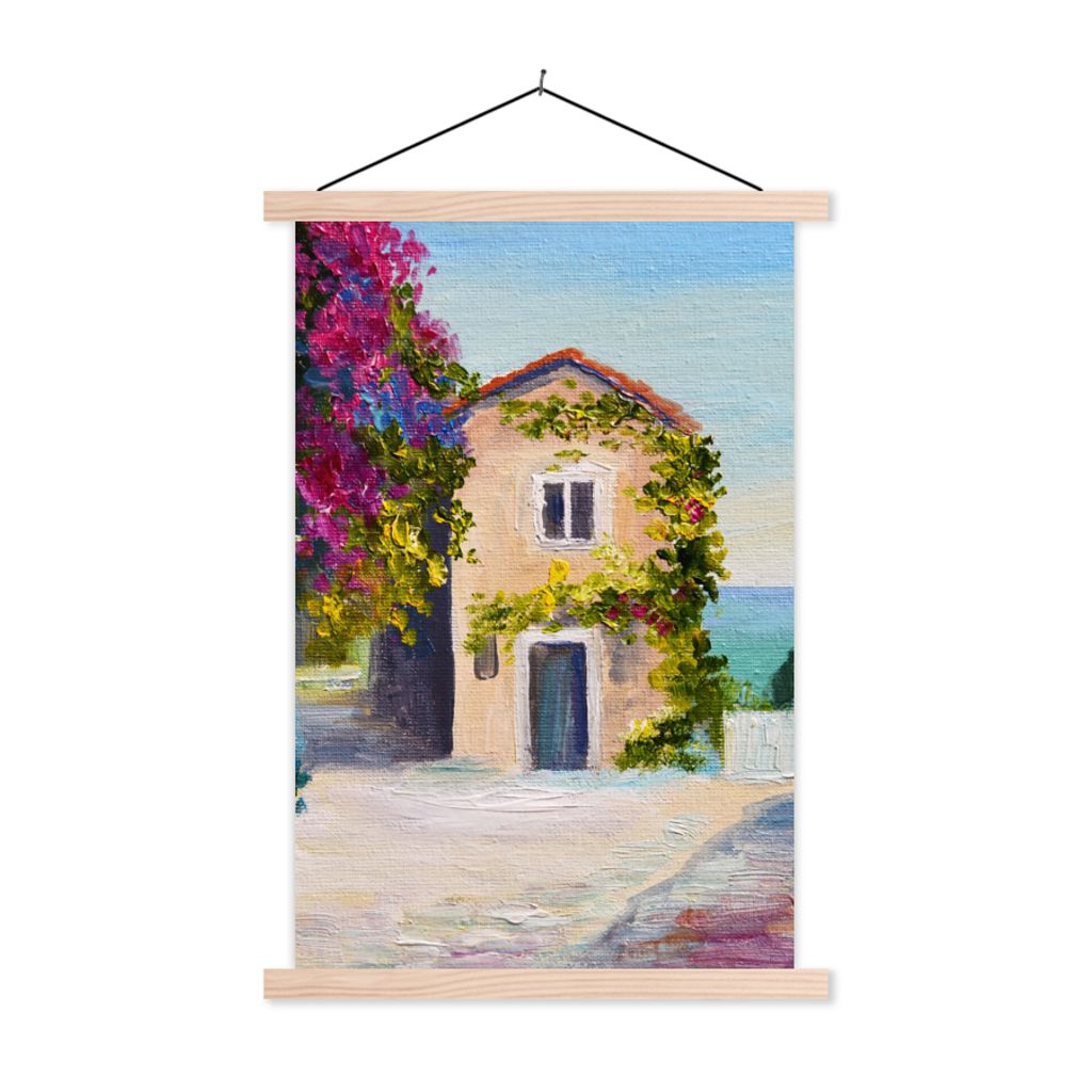 MuchoWow Textilposter Malerei - Haus - Ölfarbe - Dorf 120x180 cm mit holzfarbenen Rahmen - Textil-Plakat