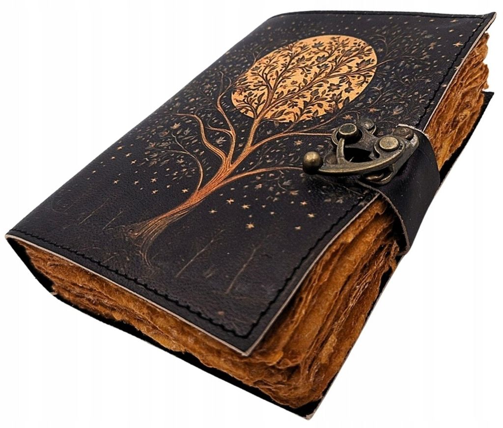 Cahier en cuir vintage, motif "Arbre et Lune", 200 pages, Image du produit 