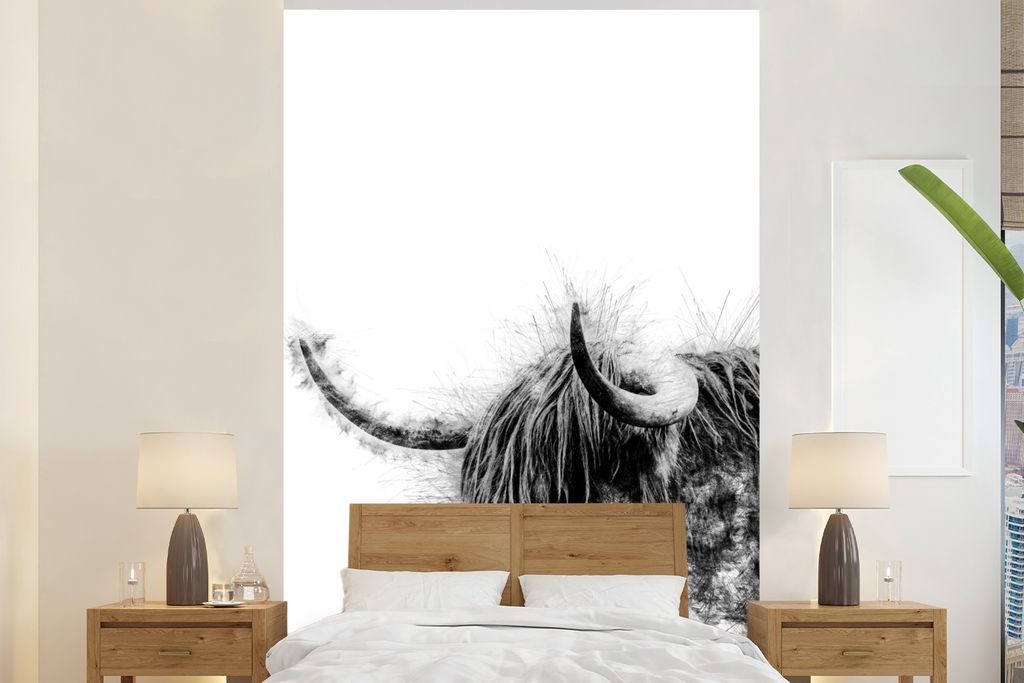 MuchoWow Fototapete für Wohnzimmer oder Schlafzimmer Wandtapete Vinyl Motivtapete Schottischer Highlander - Schwarz - Weiß - Abstrakt - 200x300...