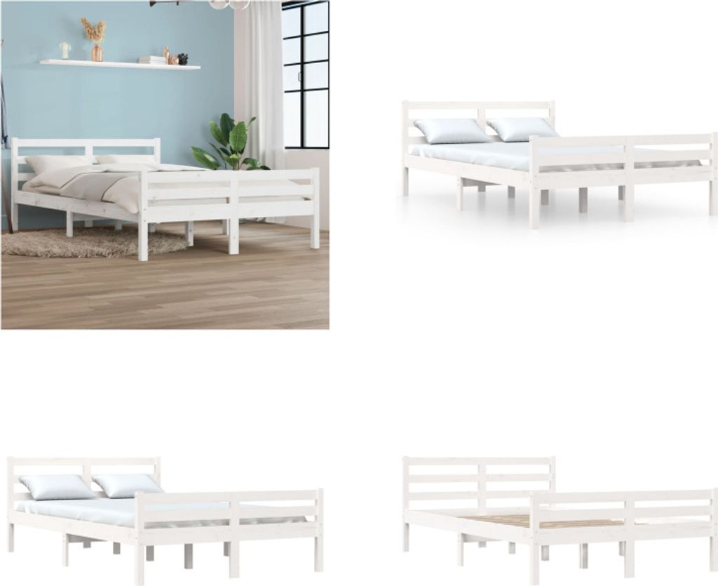 vidaXL Massivholzbett Weiß 135x190 cm - Bettrahmen - Bettgestell - Bett - Holzbettrahmen