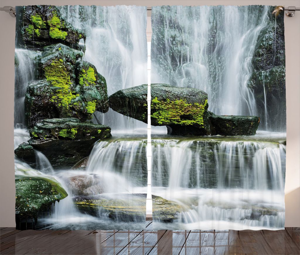 ABAKUHAUS Landschaft Rustikaler Gardine, Wasserfall mit Felsen, Schlafzimmer Kräuselband Vorhang mit Schlaufen und Haken, 280 x 245 cm, Grün Schw...