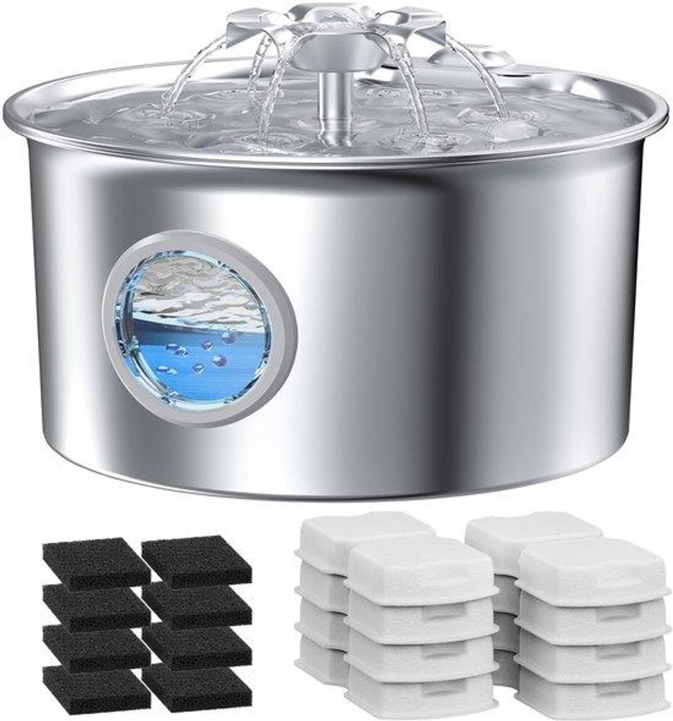 Kattendrinkfontein aus Edelstahl: 2,6L - Stilles Wasserfontein für Katzen - Blumen-Wasserfall-Design - mit 8 Kohlenstoff-Filtern + 8 Schwämmen