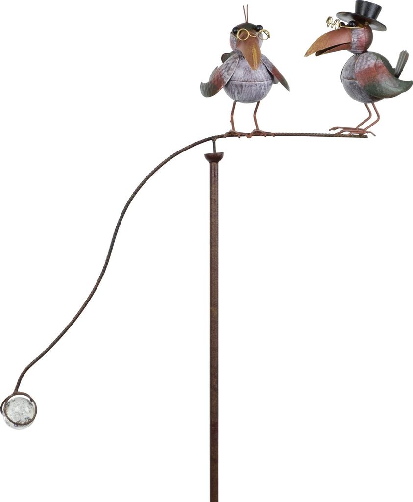 Gartenstecker Metall Vogelpaar mit Brille und Zylinder auf Ast mit Glaskugel - lustige Gartendeko Figur 172 cm hoch - Deko-Stecker für Garten Beet...