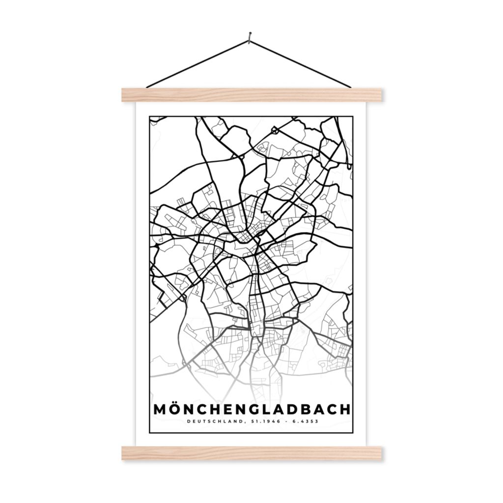 MuchoWow Textilposter Karte - Mönchengladbach - Stadtplan 120x180 cm mit holzfarbenen Rahmen - Textil-Plakat