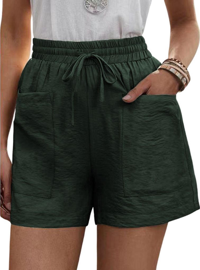 ASKSA Damen Shorts Sommer Lässige Sport Kurze Hose Einfarbig Hoher Taille Lockere Kordelzug mit Taschen, Armeegrün, L