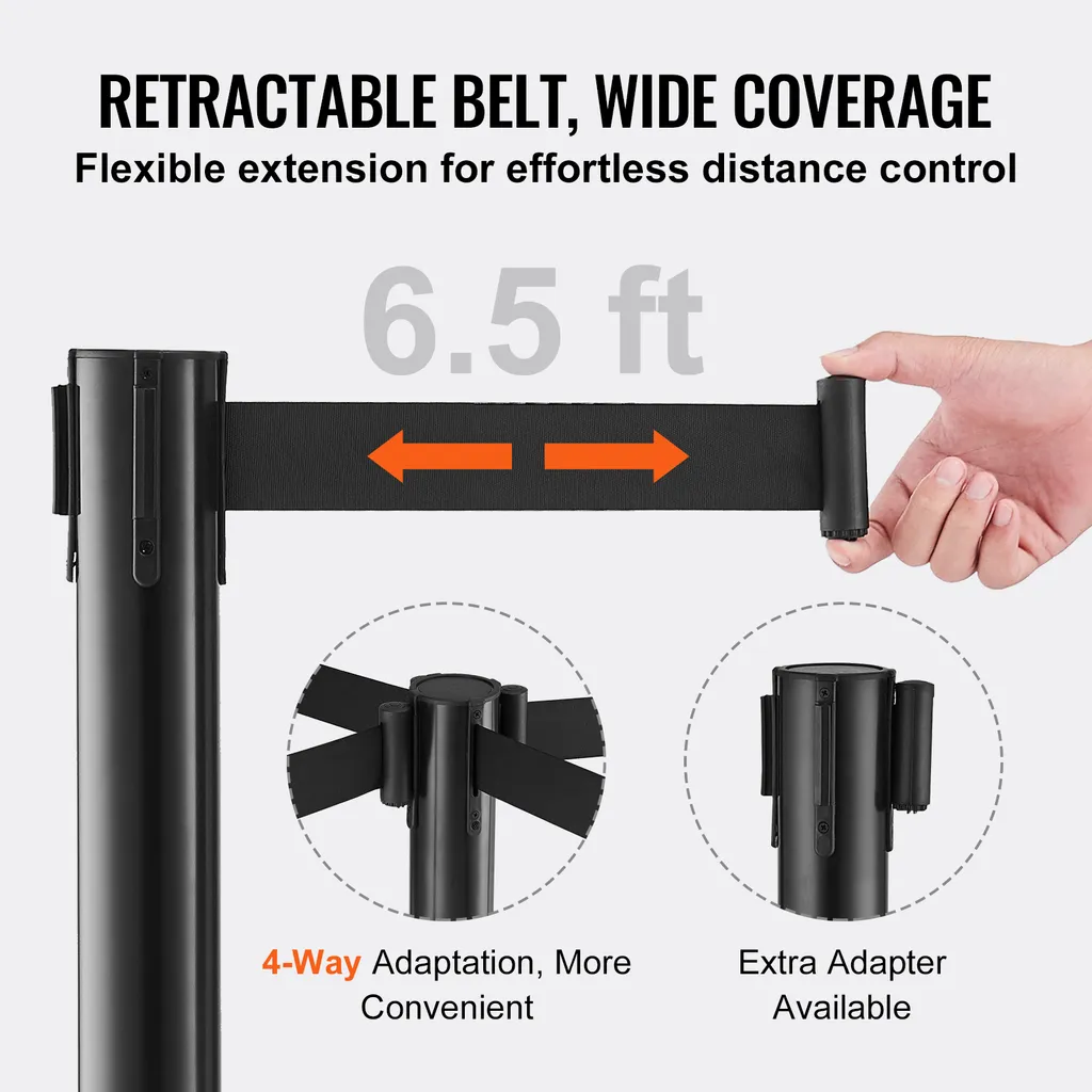 Poteau de Délimitation PVC Robuste et Sangle Rétractable Noire de 2 Mètres