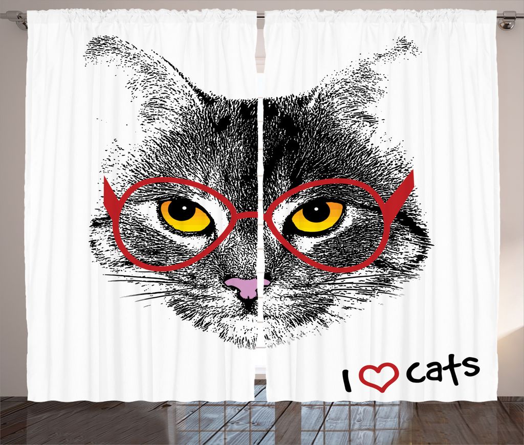 ABAKUHAUS Kätzchen Rustikaler Vorhang, Nerd-Katze mit Gläsern, Wohnzimmer Universalband Gardinen mit Schlaufen und Haken, 280 x 245 cm, Schwarz W...