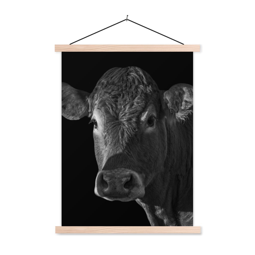 MuchoWow Textilposter Kuh - Tiere - Schwarz - Weiß - Porträt 40x53 cm mit holzfarbenen Rahmen - Schlafzimmer