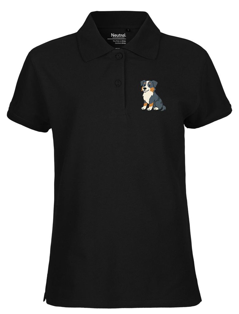 Huuraa Damen Polo Shirt Australian Shepherd Aussie Comic XL Black Bio Baumwolle Fairtrade Poloshirt Geschenkidee