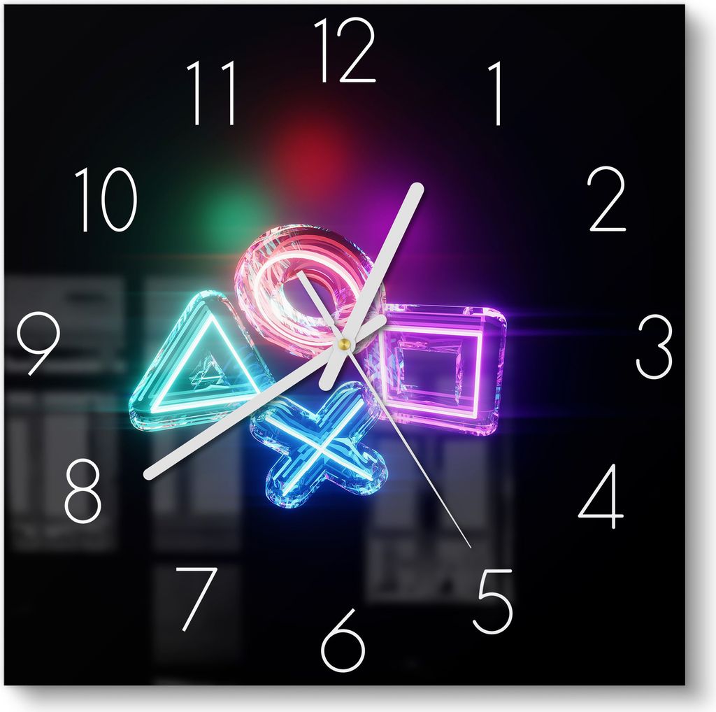 DEQORI Glasuhr 30x30 cm Zahlen 'Neon Gaming Symbole' Produktbild 