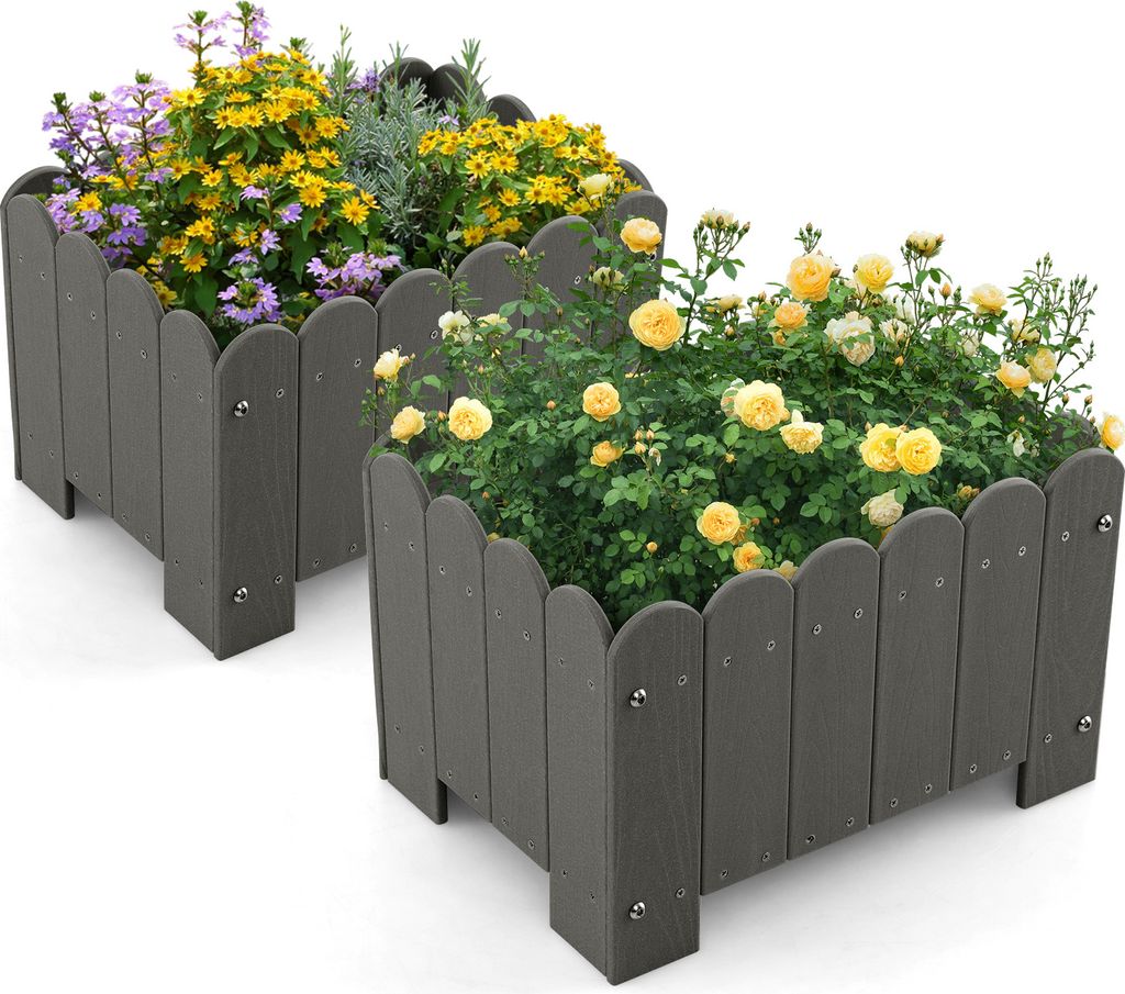 COSTWAY 2er Blumenkübel wetterfest mit Abflusslücken, Pflanzkasten HDPE rechteckig, Hochbeet, Blumentopf 45x32x30cm Grau