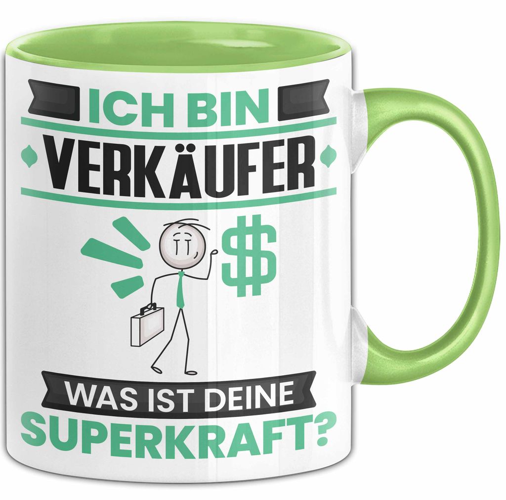 Verkäufer Tasse Geschenk für Verkäufer Geburtstag Lustiger Spruch Kaffee-Becher Was Ist Deine Superkraft (Grün)