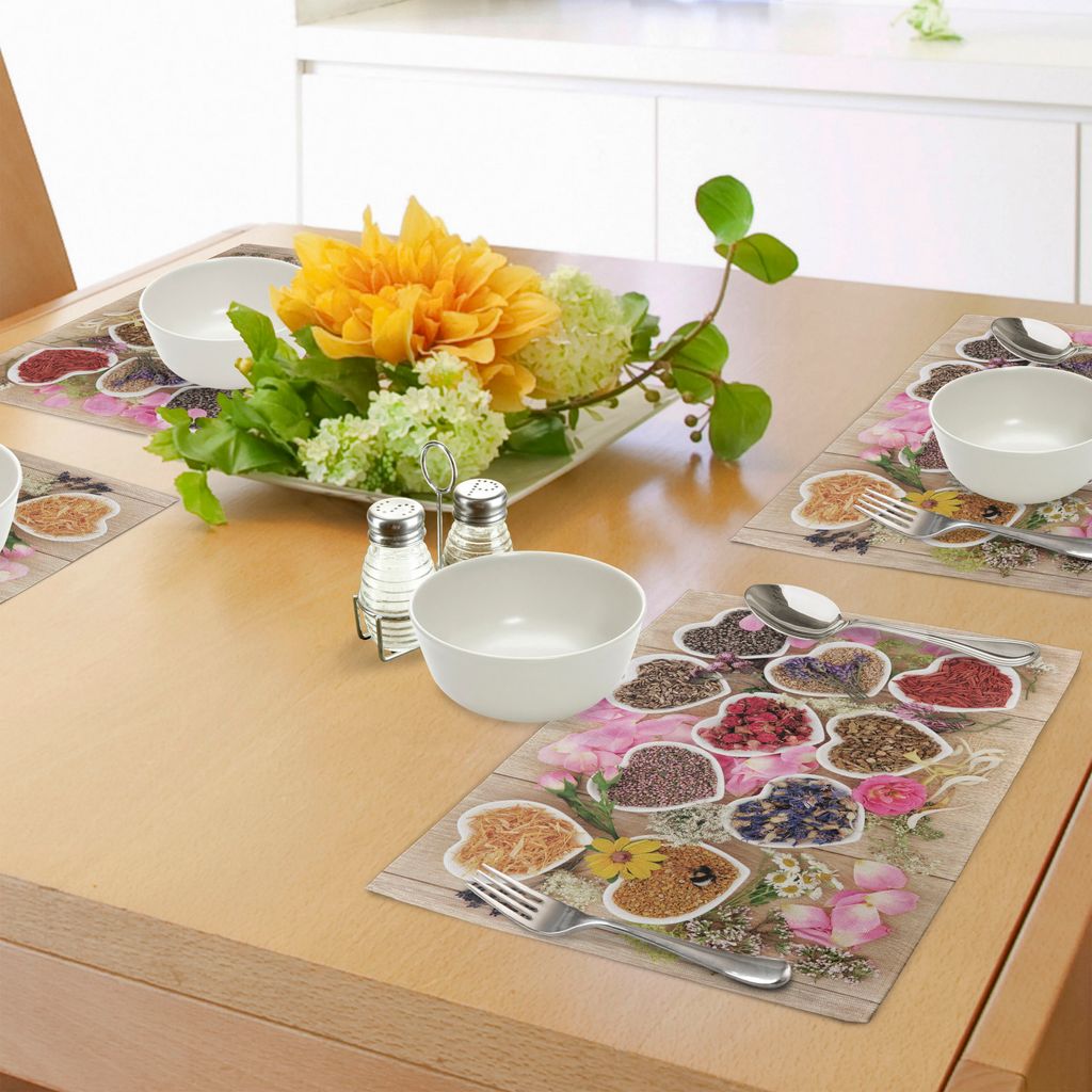 ABAKUHAUS Blumen Platzmatten, Heilende Kräuter Heart Shaped Bowls Blütenblätter auf hölzernen Planken Print Healthcare, Tiscjdeco aus Farbfeste...