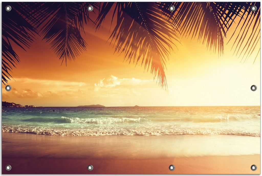 Wallario Outdoor-Poster für Garten oder Balkon, Motiv Sonnenuntergang am Strand in der Karibik, in ca. 80 x 120 cm