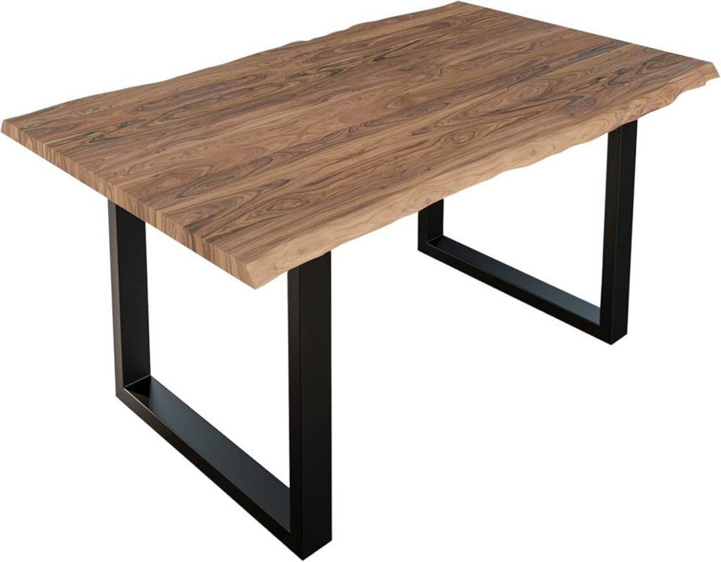 Esszimmertisch 160x85 cm Lauren, Baumkantentisch aus Akazienholz, massiv + stonefarben, U-Metallgestell Schwarz, Esstisch mit echter Baumkante