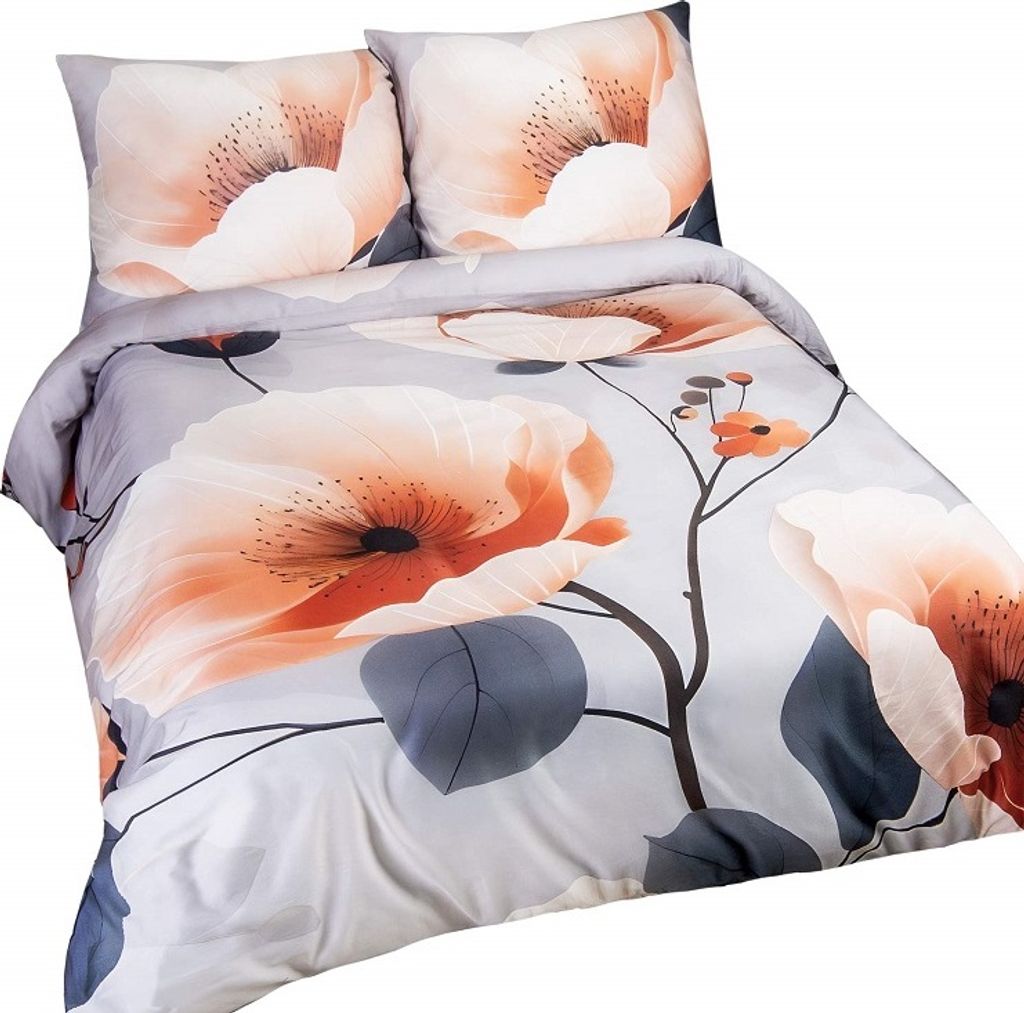 Bettwäsche, Baumwollsatin, hohe Qualität, Satynlove 200x220 12409 Orangefarbene Blüten