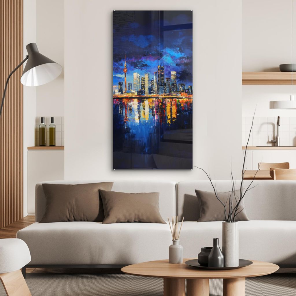 MuchoWow Glasbilder - Bilder auf Wandbild - Foto auf Glas Skyline Toronto - Modern - Stadtlicht - Blau 60x120 cm Wanddekoration aus Glas - Acrylgla...