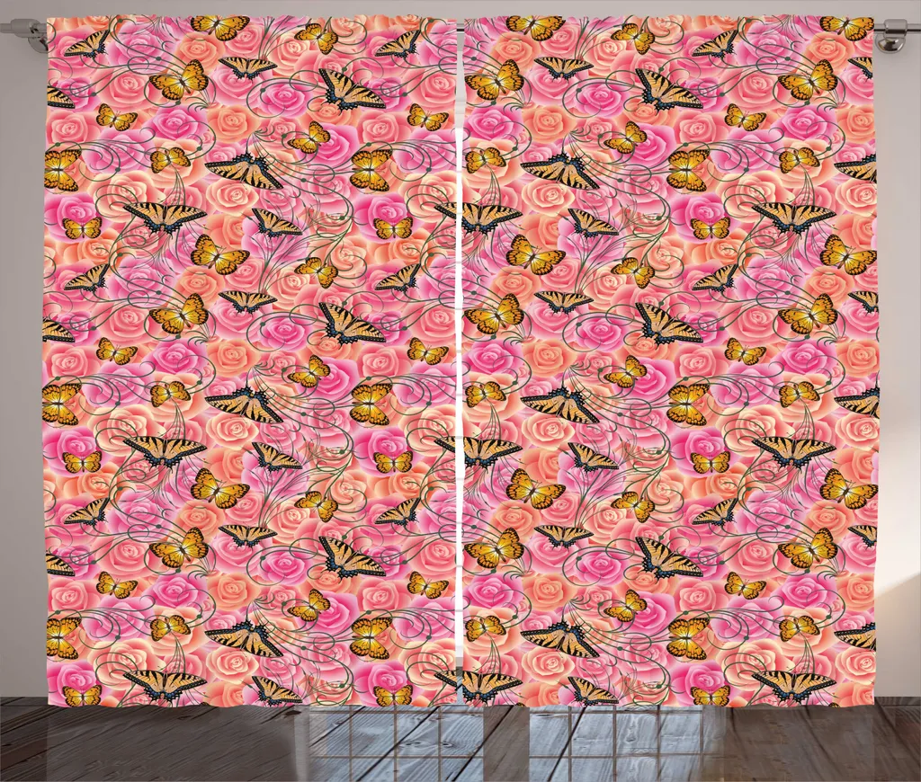 Rideau Salon Décoratif Floral 280x225 cm Idéal Ambiance Cosy et Rose