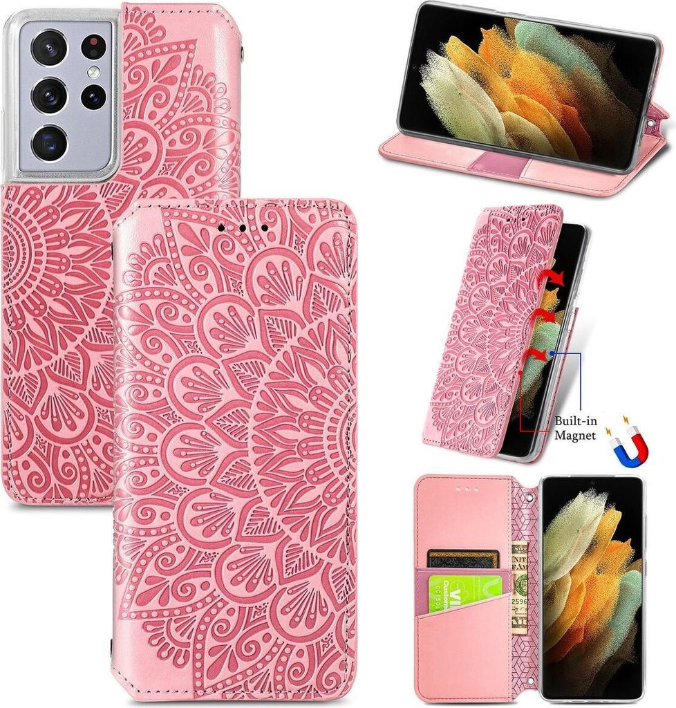 König Design Hülle kompatibel mit Samsung Galaxy S21 Ultra Kunstleder Handyhülle - Handy Case Rosa