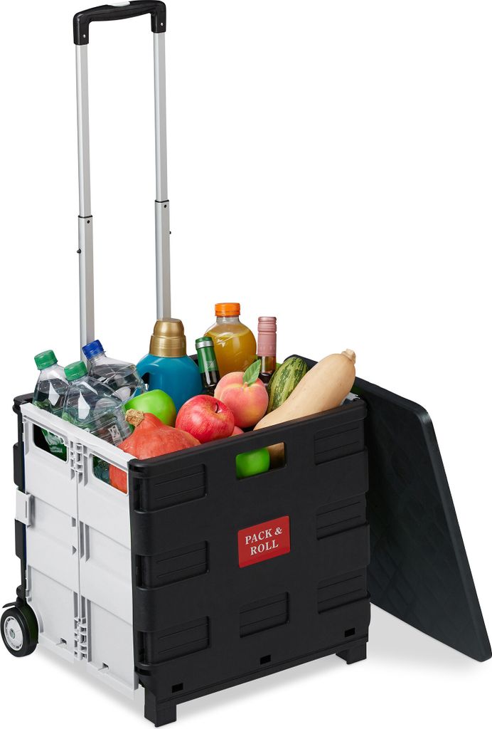 Relaxdays Einkaufstrolley, klappbar, Einkaufskorb mit Rollen, Deckel & Teleskopgriff, bis 35 kg, Rollkiste, schwarz/weiß